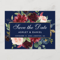 Save the Date Burgundy Floral Blue Gold Frame