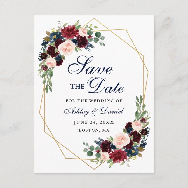 Save the Date Burgundy Floral Blue Gold Frame Announcement Postcard (Front)