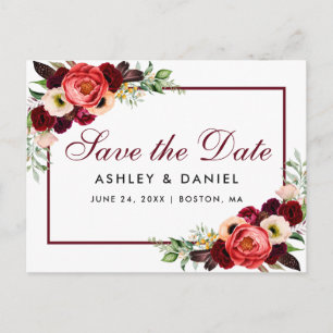 Save The Date Burgundy Floral Boho Announcement Postcard
