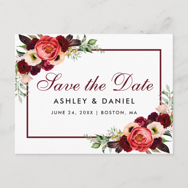 Save The Date Burgundy Floral Boho Announcement Postcard (Front)
