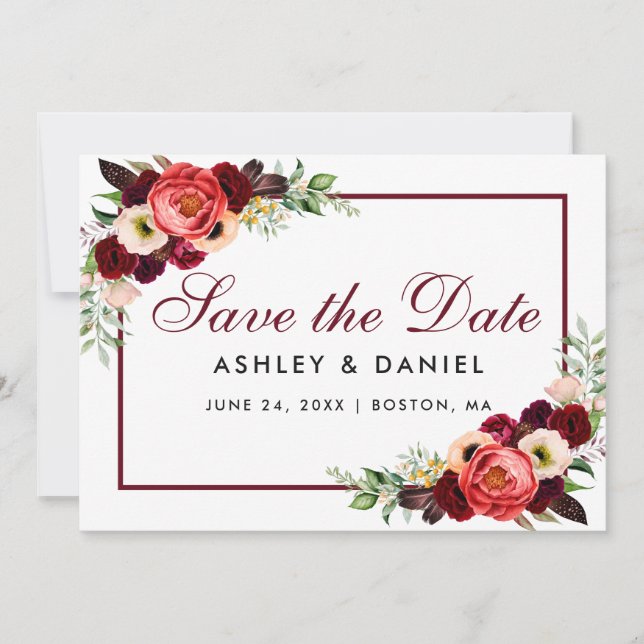 Save The Date Burgundy Floral Card B (Front)