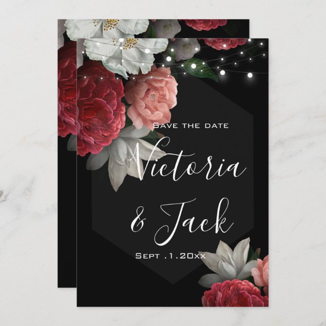 save the date Burgundy floral string light Invitation (Front/Back)