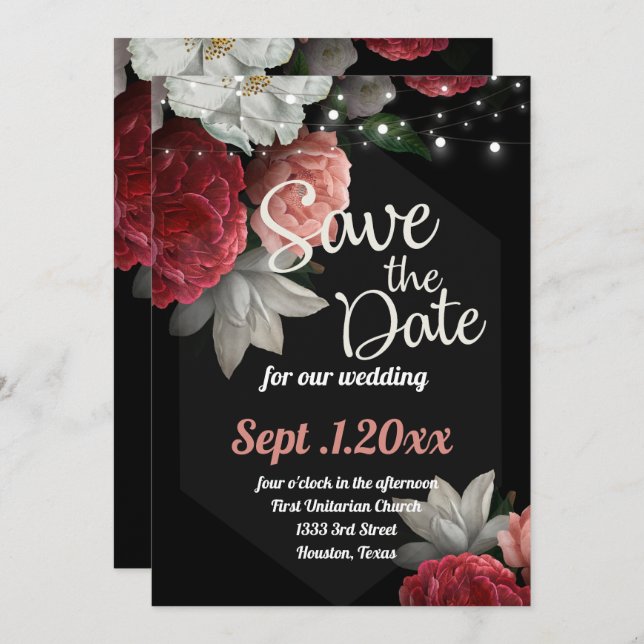 save the date Burgundy floral string light Invitation (Front/Back)