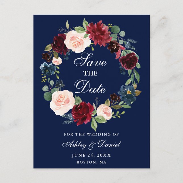 Save the Date Burgundy Floral Wreath Blue Announcement Postcard (Front)
