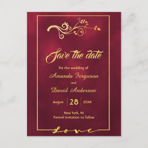 Save the date burgundy gold decor wedding announcement postcard