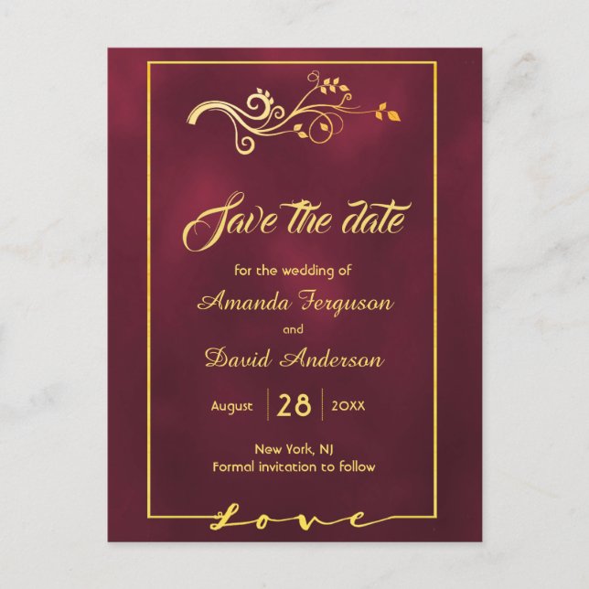 Save the date burgundy gold decor wedding announcement postcard (Front)