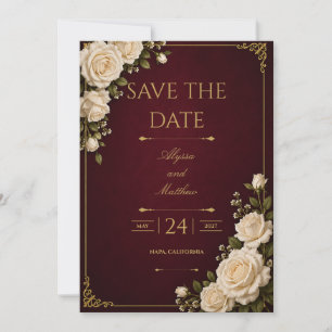 Save the Date Burgundy & Gold White Rose  Invitation