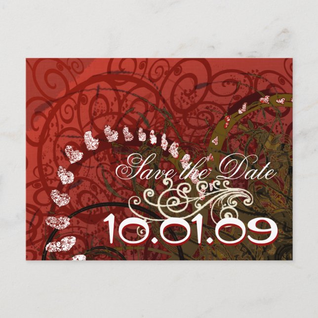 Save The Date Burgundy Hearts - Announcement Postcard (Front)