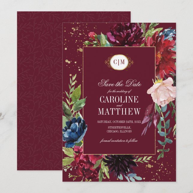 Save the Date. Burgundy | Navy Blue Floral Wedding Invitation (Front/Back)
