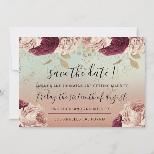 Save The Date Burgundy Rose Blue Roses Marsala (Front)