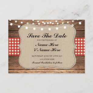 Save The Date Burlap Wood Rustic Red Check Card
