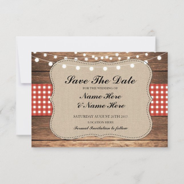 Save The Date Burlap Wood Rustic Red Check Card (Front)