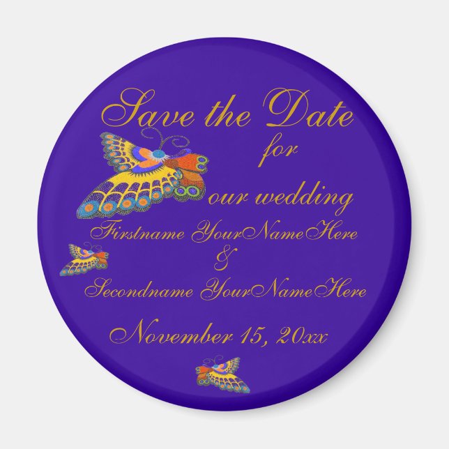 Save the Date Butterfly Wedding Gold Purple Magnet (Front)