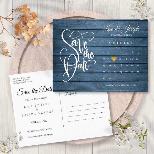 Save the Date Calendar Blue Rustic Wood Gold Heart Announcement Postcard (Save the Date Calendar Blue Rustic Wood Gold Heart Announcement Postcard)