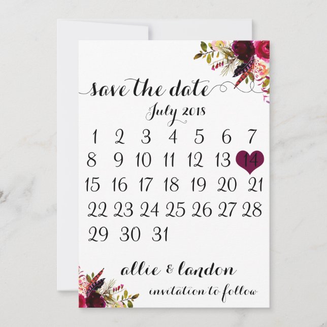 Save The Date Calendar | Boho Floral (Front)