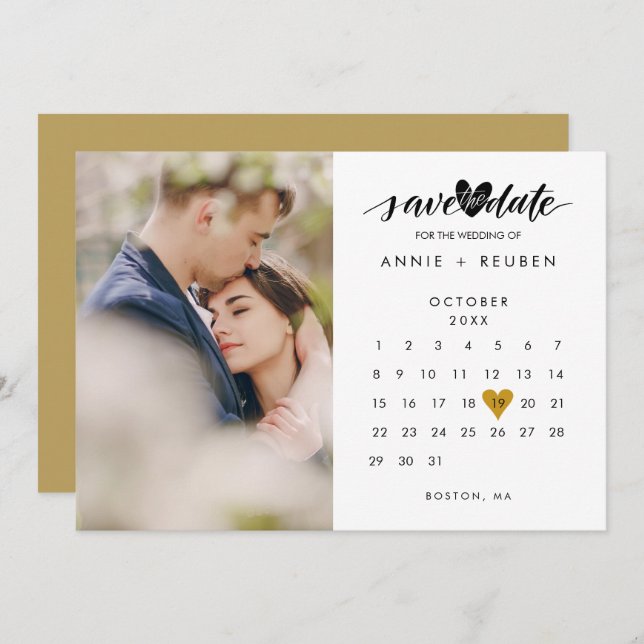 Save the Date Calendar Chic Gold Love Heart Photo Invitation (Front/Back)