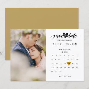 Save the Date Calendar Chic Gold Love Heart Photo Invitation