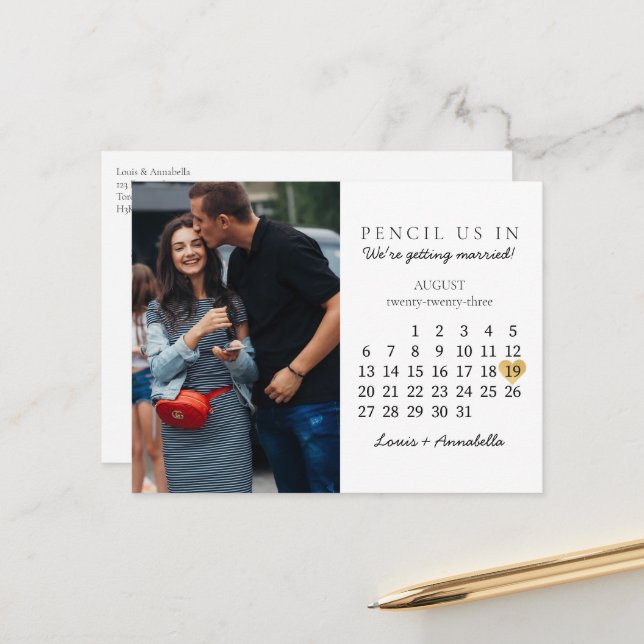 Save the Date Calendar Gold Heart August 2023 Postcard (Front/Back In Situ)