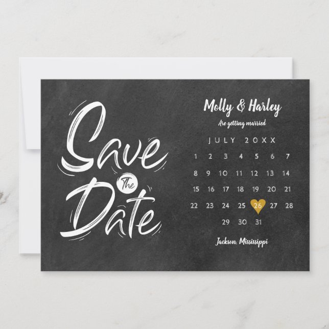 Save the Date Calendar Gold Heart Chalkboard (Front)