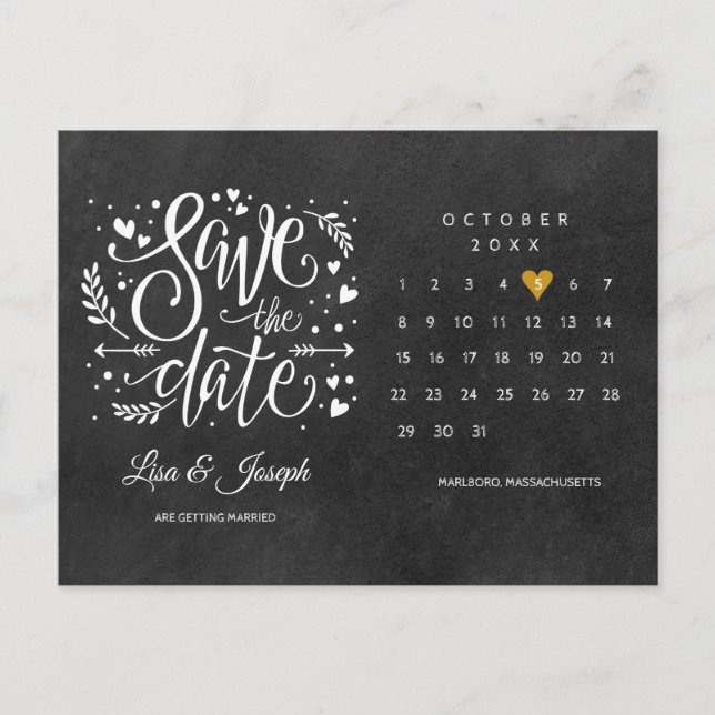 Save the Date Calendar Gold Heart Chalkboard Announcement Postcard (Front)