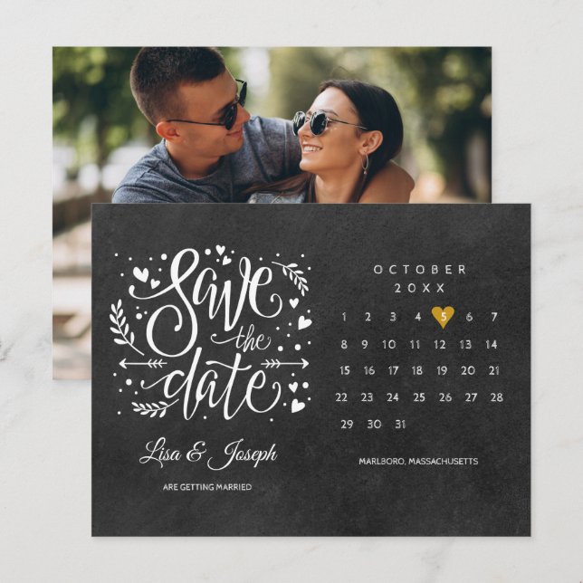 Save the Date Calendar Gold Heart Chalkboard Photo Postcard (Front/Back)