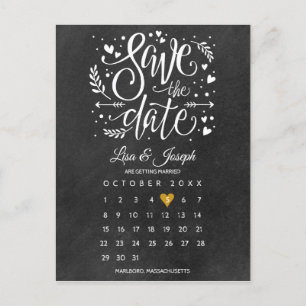 Save the Date Calendar Gold Heart Chalkboard Postcard