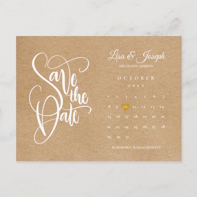 Save the Date Calendar Gold Heart Rustic Kraft Postcard (Front)