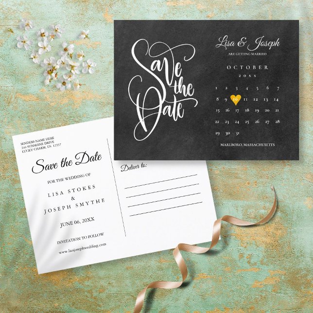 Save the Date Calendar Gold Love Heart Chalkboard Announcement Postcard (Creator Uploaded)