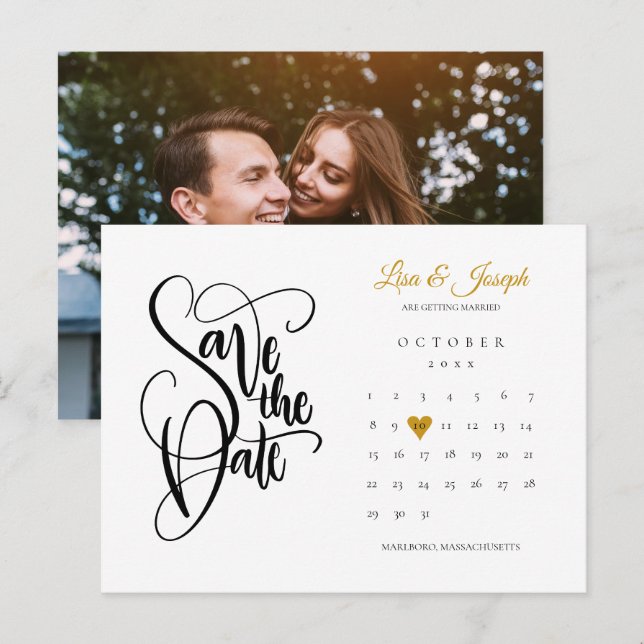 Save the Date Calendar Gold Love Heart Photo Annou Announcement Postcard (Front/Back)