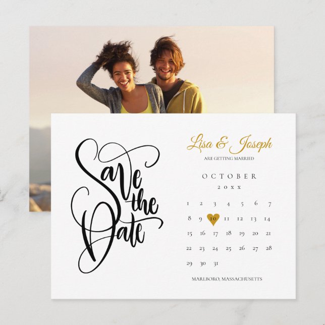 Save The Date Calendar Gold Love Heart Photo Announcement Postcard (Front/Back)