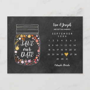 Save the Date Calendar Heart Mason Jar Chalkboard Announcement Postcard
