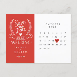 Save the Date Calendar Red Love Heart Postcard