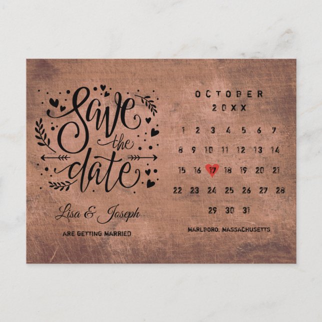 Save the Date Calendar Red Love Heart Rustic Wood Announcement Postcard (Front)