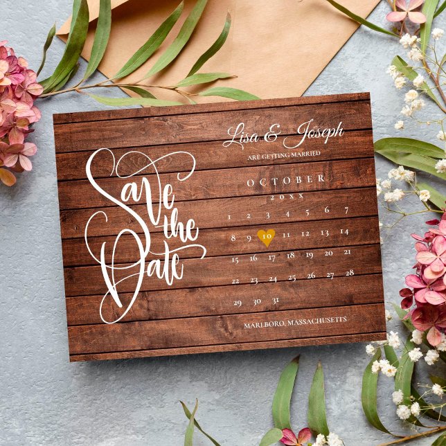 Save the Date Calendar Rustic Wood Gold Heart Announcement Postcard (Creator Uploaded)