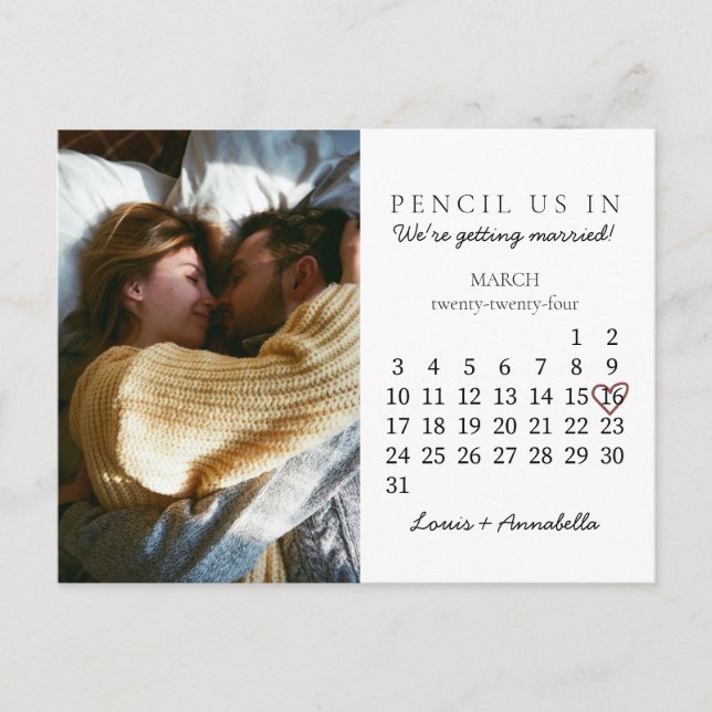 Save the Date Calendar Simple Heart March 2024 Postcard (Front)
