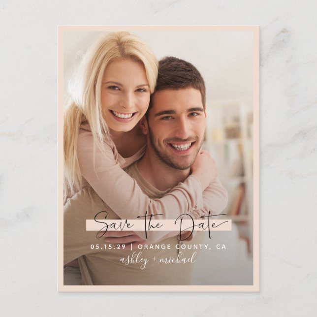 Save the Date Calligraphy Photo Blush Wedding Announcement Postcard (Front)