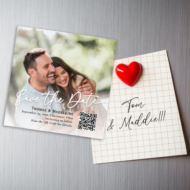 Save the Date Calligraphy Script Photo Magnetic  (Wedding save the date photo magnetic card. with a simple QR code. )