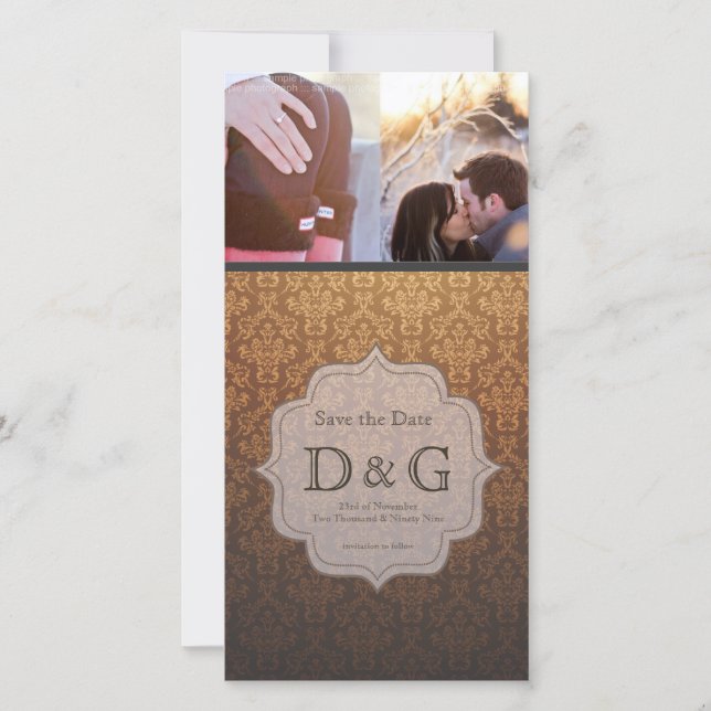 Save the Date Caramel Damask Filligree Photo Card (Front)