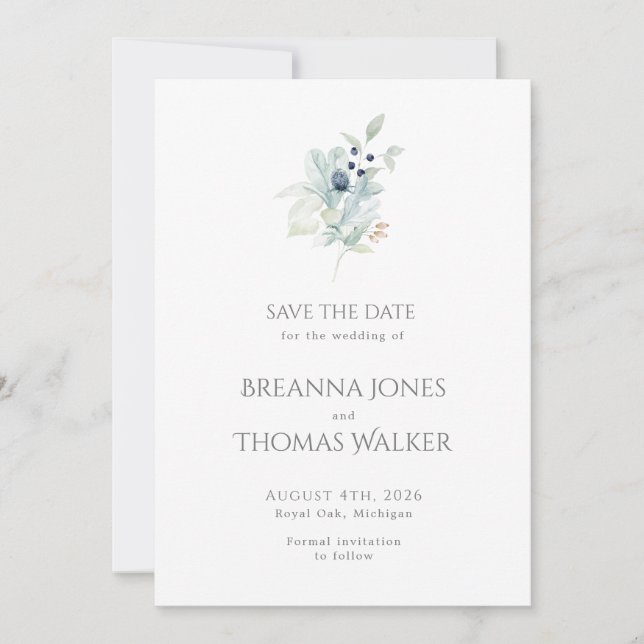 Save the Date Card | Dusty Blue Floral Design (Front)