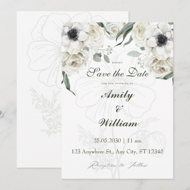 Save the Date Card | Elegant White Florals (Front/Back)