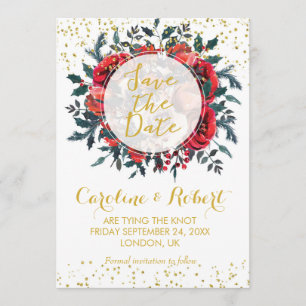 Save the date card gold glitter christmas floral