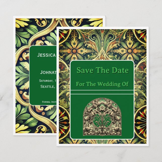 Save The Date Card Green Pattern (Front/Back)