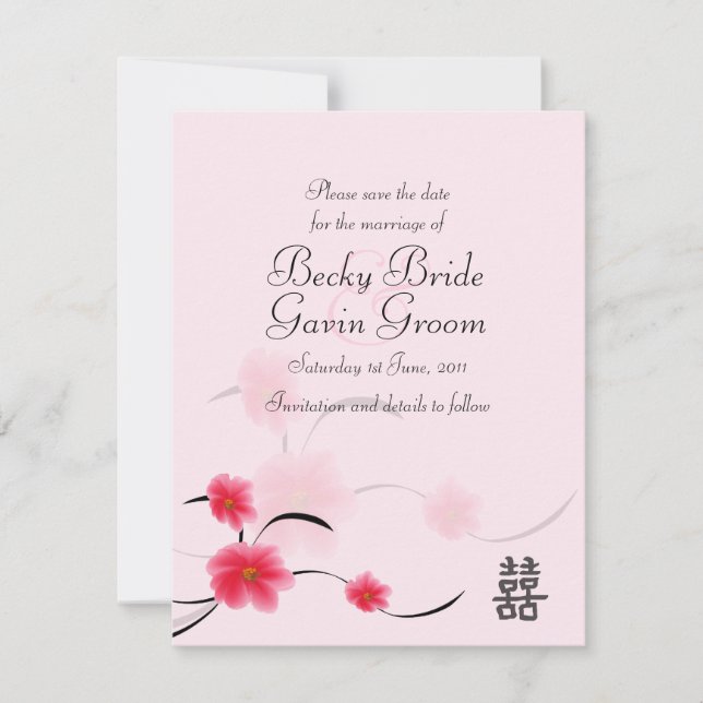 Save the Date Card Pink Blossom Double Happiness (Front)