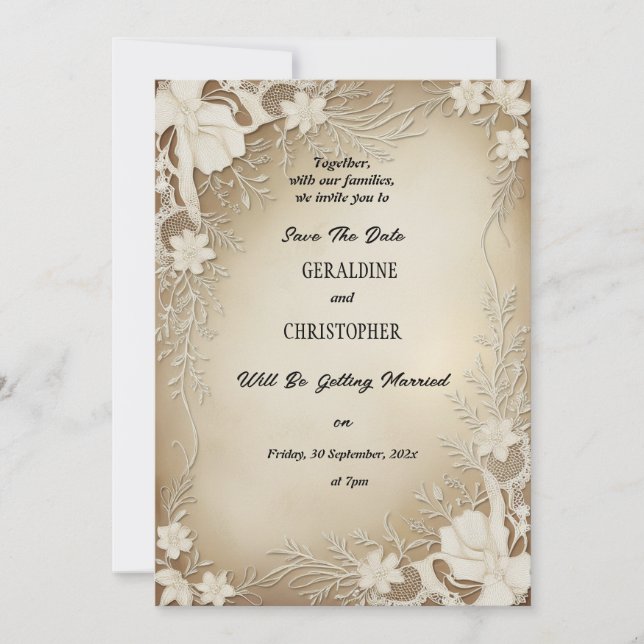Save The Date Card Ribbon and Lace (Front)