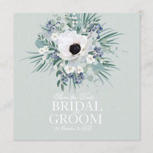 Save the date card white anemone sage green