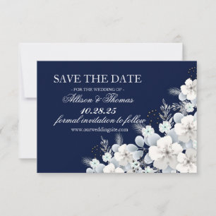 Save the date card white flower sakura navy blue