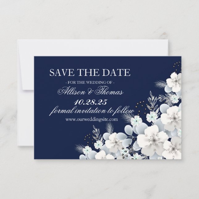 Save the date card white flower sakura navy blue (Front)