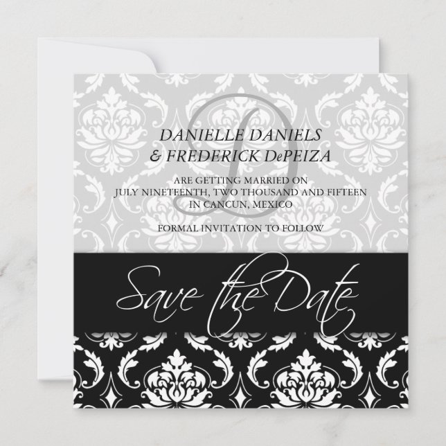 Save the Date Cards Black Damask Monogram Names (Front)