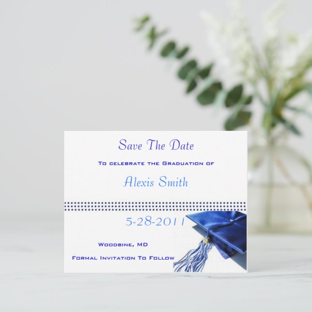Save The Date Cards - Blue Graduation Cap (Standing Front)