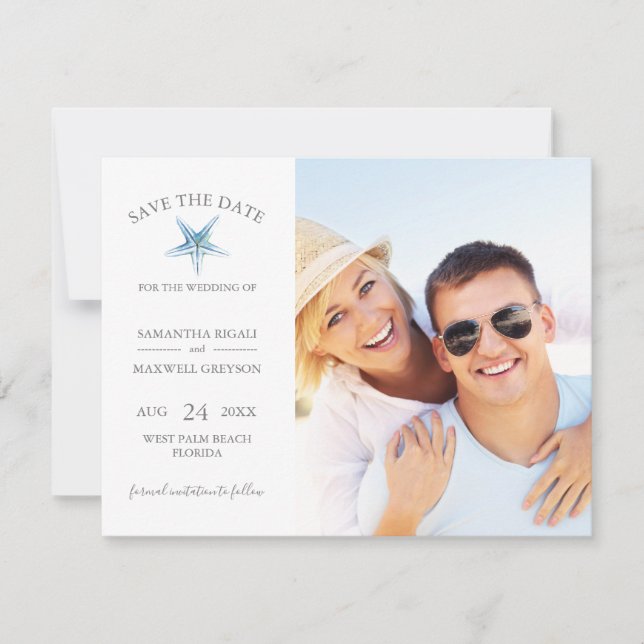 SAVE THE DATE Cards, Blue Starfish Beach Wedding (Front)